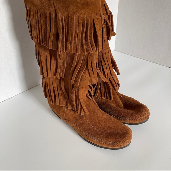 Minnetonka Moccasin 3 Layer Fringe Brown Size 7 - Picture 1 of 9